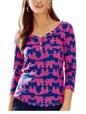 Pink Elephant Print Pima Cotton Top - Pink & Heather Blue